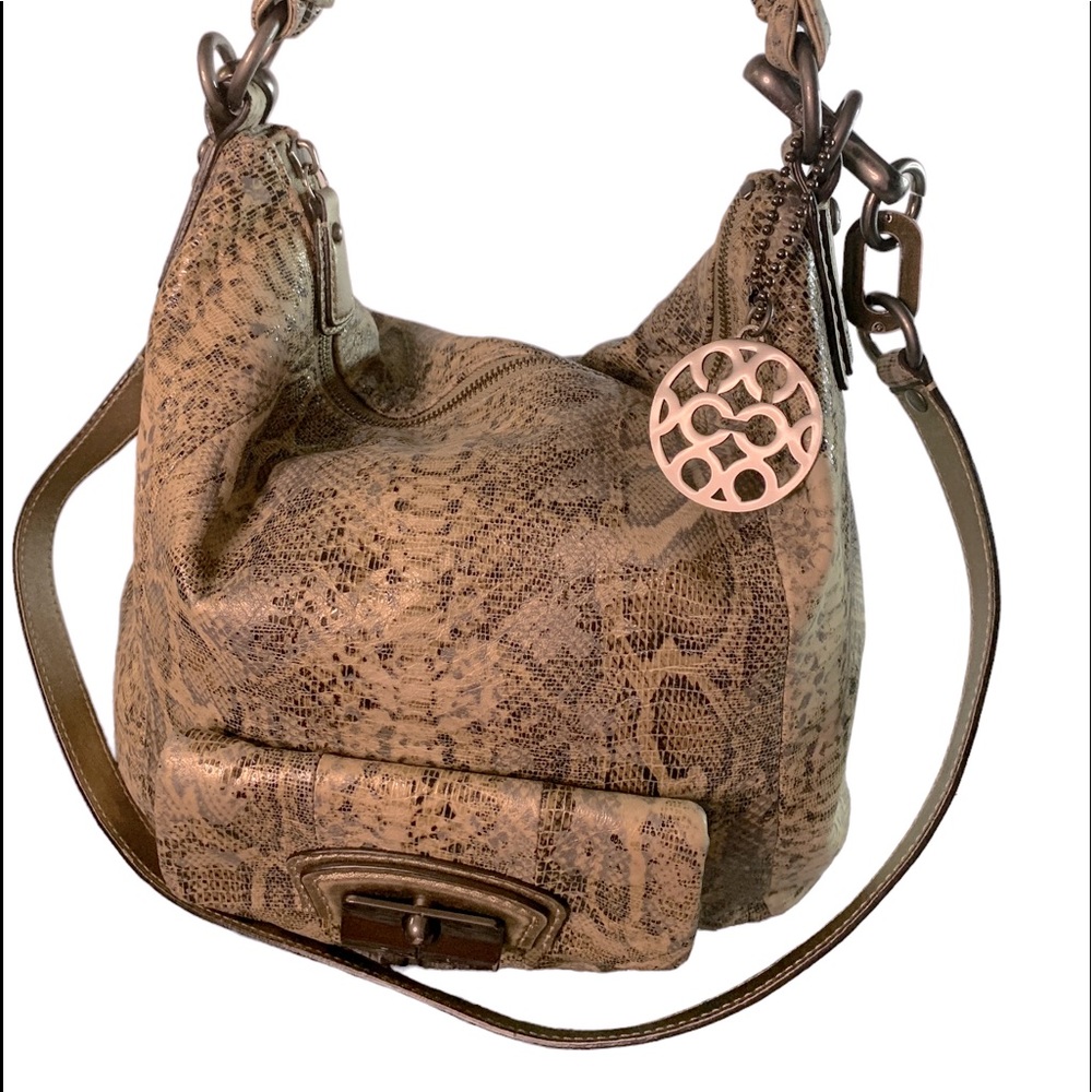 Coach Kristin Tan/Black Snake Embossed Convertible Hobo 12x14 Teal Interior
